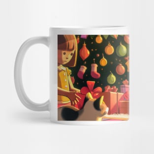 Little Girl and Cat at Christmas Mug